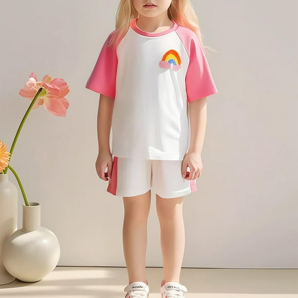 Geire Toddler Girl Clothes Rainbow Print Kids Summer Cotton Outfits Shirt Short Casual Sets Size 2-8Y