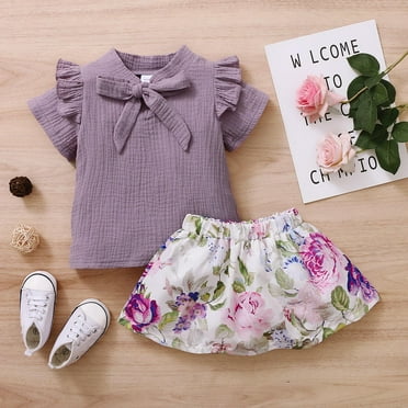 Geire Toddler Girls Summer Outfits Girls Short Sleeve Ruffle Bowknot Tops + Flower Skirt 18M-6Y Girls Clothes 2PC
