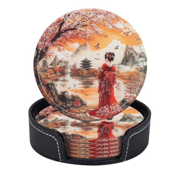 Geisha In Red Kimono Among Cherry Blossoms