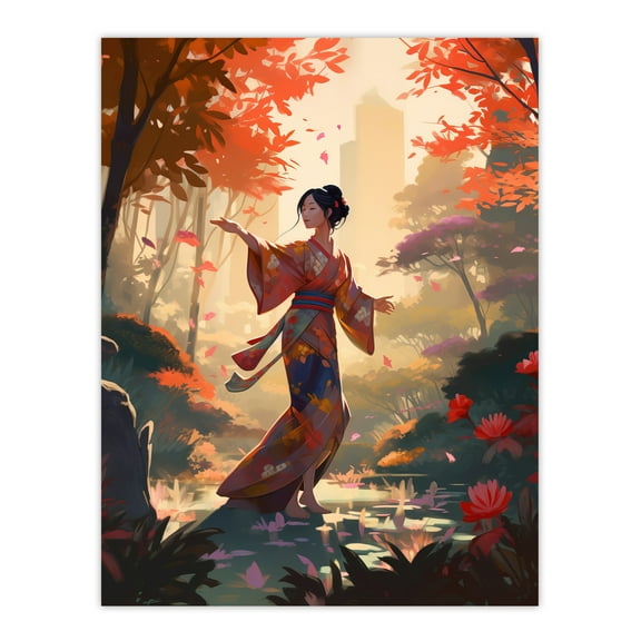 Geisha Performing Traditional Dance Warm Painting Graceful Dancing Falling Leaves Floral Japanese Kimono Autumn Tree Tranquil Garden Landscape Unframed Wall Art Print Poster Home Decor Premium