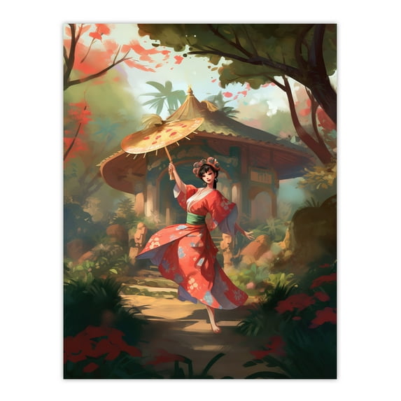 Geisha Performing in Tranquil Garden Painting Graceful Traditional Dance Floral Japanese Kimono Spring Bloom Flower Landscape Large Wall Art Poster Print Thick Paper 18X24 Inch