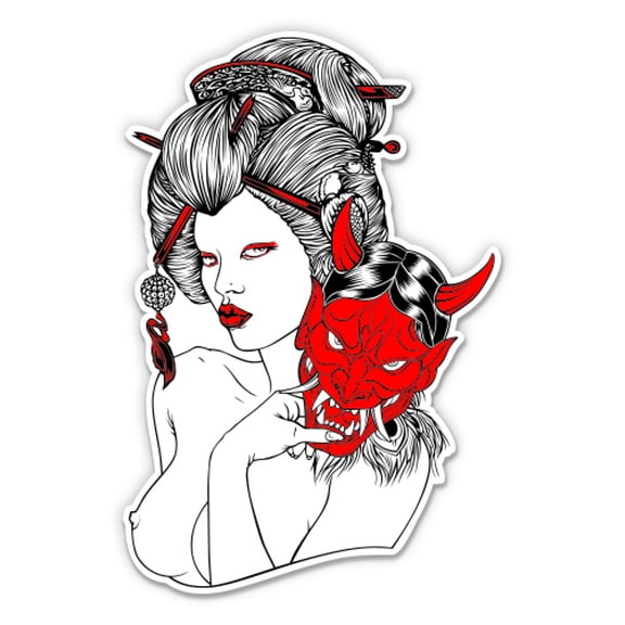 Geisha Samurai Mask Japan - 5" Vinyl Sticker - For Car Laptop I-Pad - Waterproof Decal