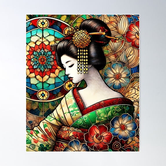 Geisha Stained Glass Art - Timeless Japanese Beauty Poster Wall Art, Modern Wall Decor For Living Room Bedroom, 16x24 UNFRAMED