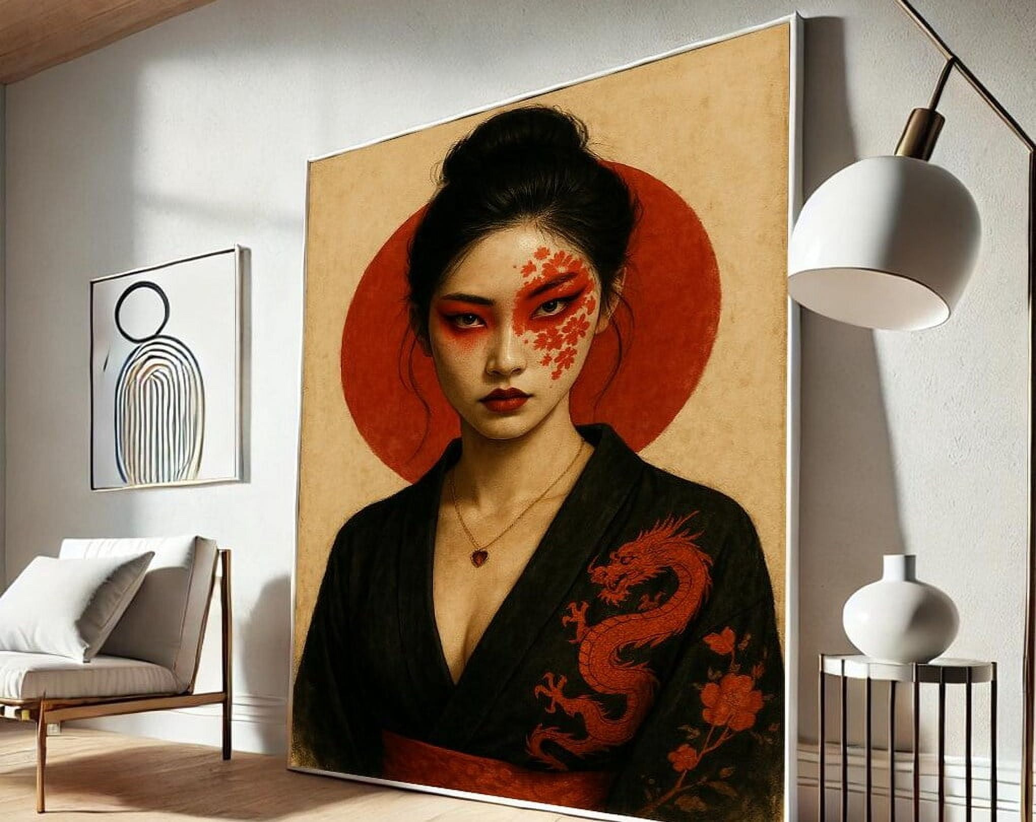 Geisha Warrior Woman , Red Sun Japanese Wall Art, Asian Aesthetic ...