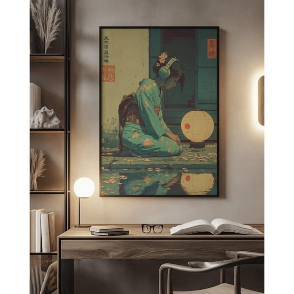 Geisha With Headphones Print: Lo-Fi Japanese Music Wall Art, Unframed Poster Size 8x12