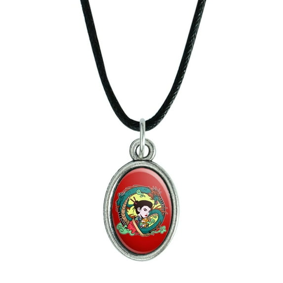 Geisha With The Dragon Tattoo Antiqued Oval Charm Pendant with Black Satin Cord