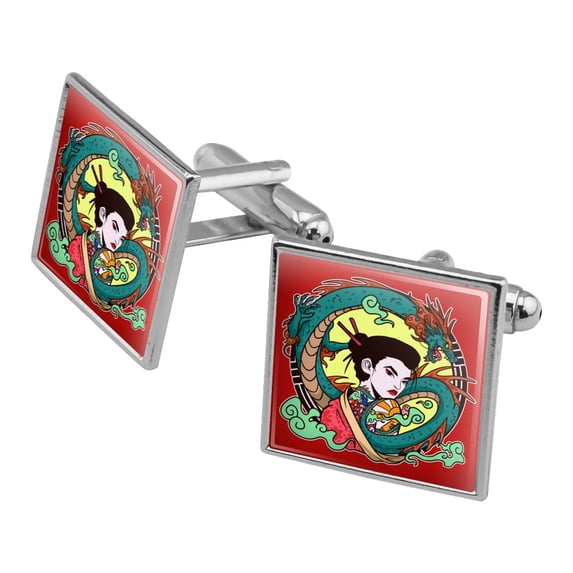 Geisha With The Dragon Tattoo Square Cufflink Set - Silver or Gold