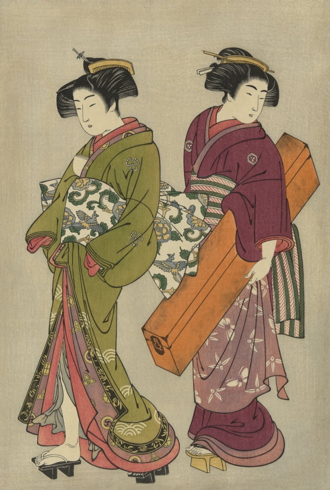 Geisha and a servant carrying her koto 1777 Canvas Art - Shigemasa Kitao (24 x 36)