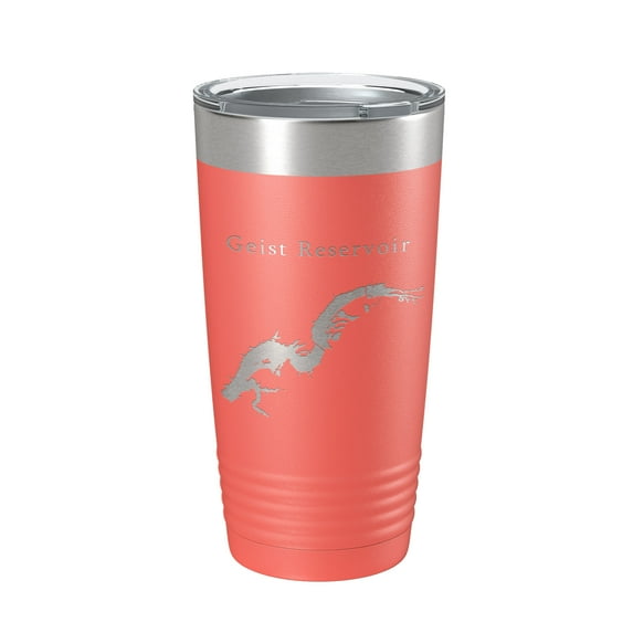 Geist Reservoir Tumbler Lake Map Travel Mug Insulated Laser Engraved Coffee Cup Indiana 20 oz Coral
