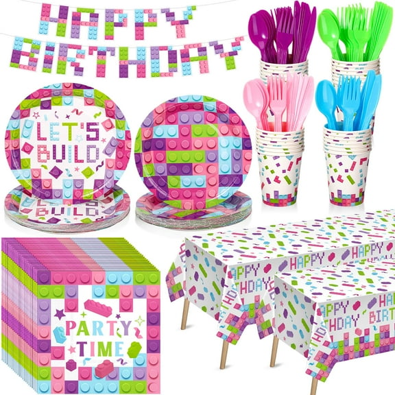 Gejoy 171 Pcs Building Block Birthday Party Supplies Kit Include Plates Cups Knives Forks Spoons Napkins Tablecloths Banner for Girls Birthday Party Decoration Serve 24 Guest (Sweet Color) Y101