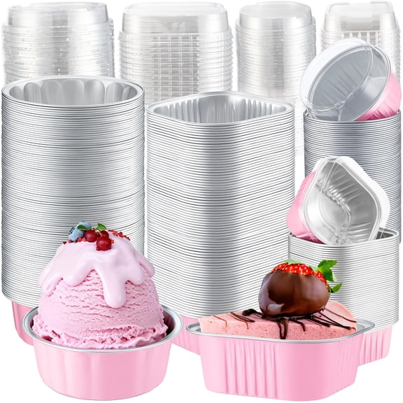 Gejoy 200 Pack Mini Cake Pans with Lids 10 and 5 oz Round 8 and 4 oz Aluminum Foil Mini Baking Tins Disposable Cupcake Baking Cups Dessert Container for Wedding Birthday Party(Pink) Y201