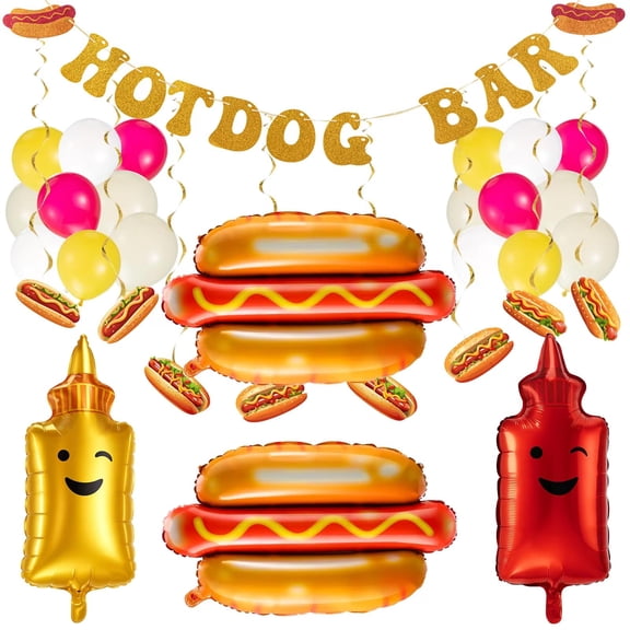 Gejoy 213 Pcs Hot Dog Party Decorations Kit - Includes 12 Pcs Hot Dog Balloons, 200 Latex Balloons & 1 Set Glitter Banner for Birthday Sausage Food Party Supplies & BBQ Celebrations Y201