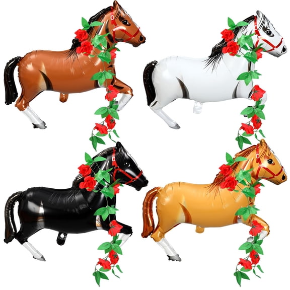 Gejoy 8 Sets 30 Inches Derby Horse Balloon with Roses Aluminum Foil Inflatable Horse Party Decoration Western Themed Balloons for Cowboy Birthday Baby Shower Western Cowgirl Party Decor Y101