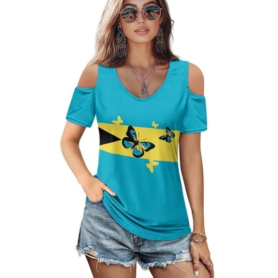 Gekhuqory Palm Tree Pattern Women's Cold Shoulder Tops Short Sleeve V Neck T Shirts Basic Summer Tees Sexy Casual Cut Out Design Fashion XL