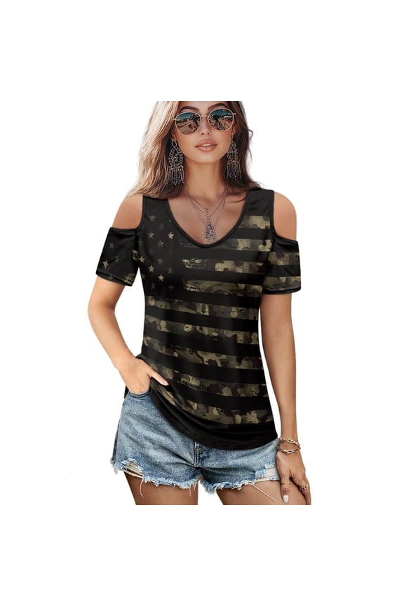 Women's Cut Out Cold Shoulder Tops US Flag Camo Print Summer Short Sleeve Sexy Shirts Travel Beach Hawaii Tunic Soft Lightweight Casual M