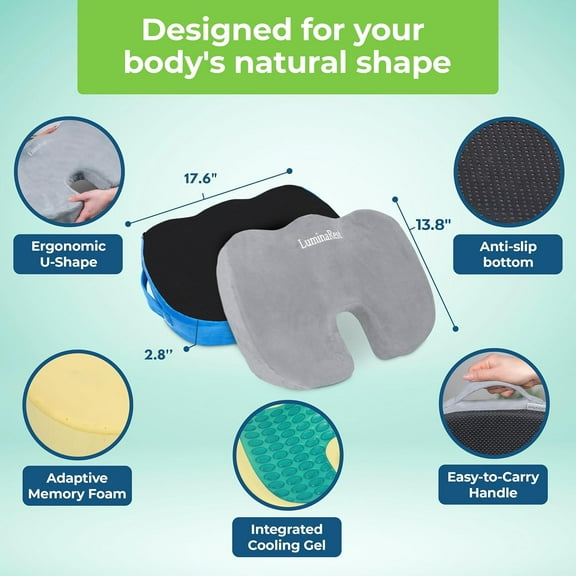 Gel Enhanced Memory Foam Seat Cushion for Long Sitting - CertiPUR- Certified - Tailbone Pain Relief Cushion