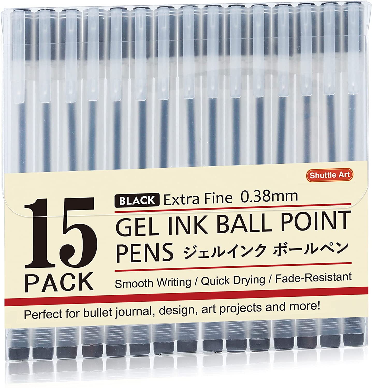 Gel Ink Ball Point Pens, Shuttle Art 15 Pack Black Japanese Style Pens,  0.38mm Extra-Fine Ballpoint Pens for Home, School and Office 
