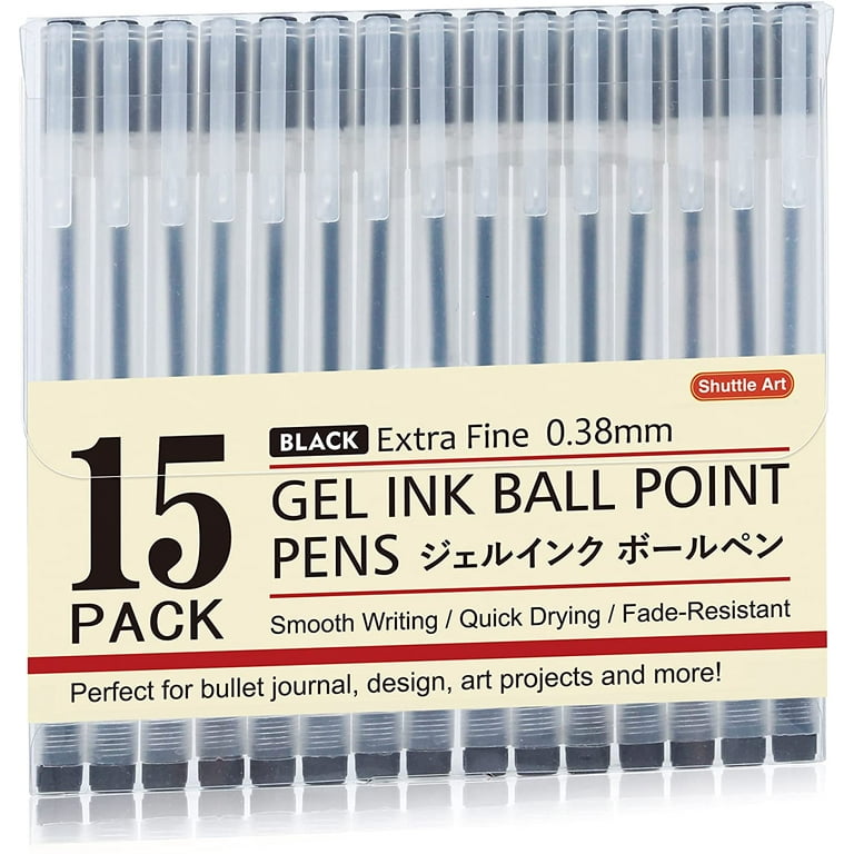 Shuttle Art Gel Ink Ball Point Pens, 15 Pack Black Japanese Style Pens, 0.38mm Extra-Fine Ballpoint Pens for Home, School and Office