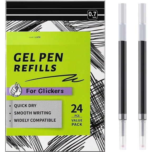 Gel Ink Refills for Retractable Click Pens, Medium Point Pen Refills Compatible with  G2  Energel Jetstream  S-Gel Uniball Signo  Sarasa (Black, 0.7mm, 24 count)