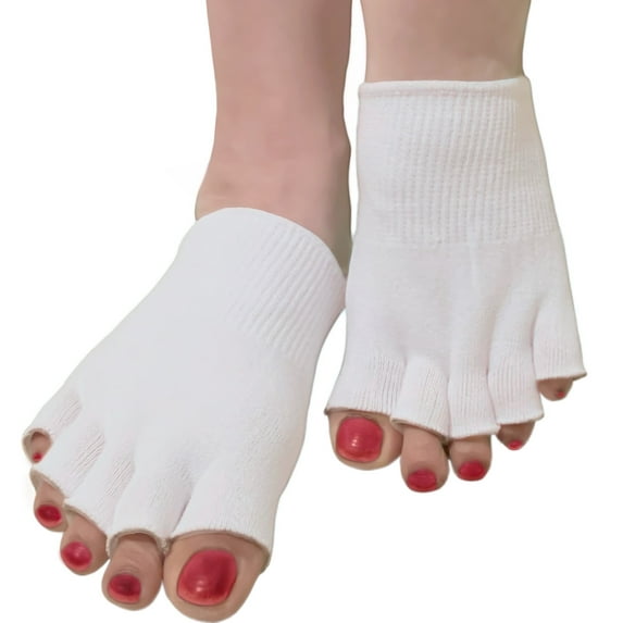 Gel Lined Open Toe Separator Compression Sock Toe Straightener - 1 Pair Toe Separating Spacer - One Size Fits Most - Free Branded Eyeglass Pouch (White)