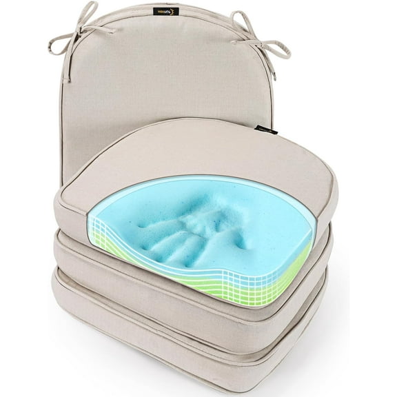 Gel Memory Foam Chair ns, FadeShield Water-, Stain-Resistant Durable Reversible Seat n Pads with Ties for Indoor/Outdoor Kitchen Dining Office, 17"x16", Set of 4, Cream