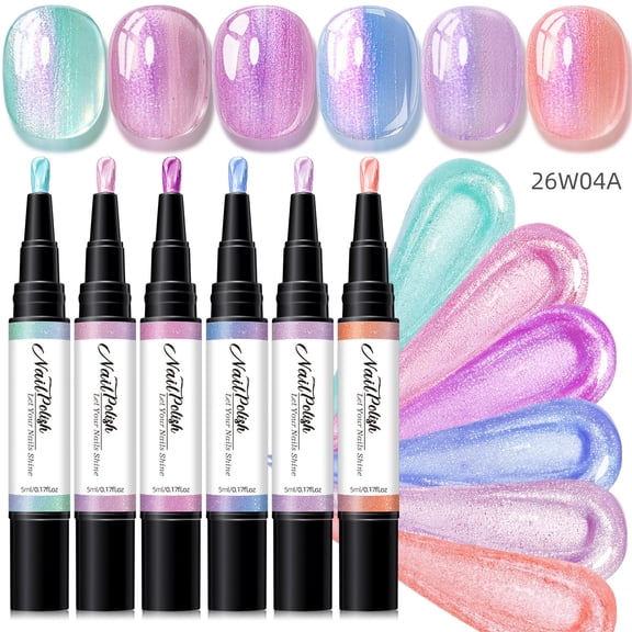 Gel Nail Polish Pen Set, 6-Color Gradient Chameleon Nail Art Kit with High-Gloss Finish, No UV Lamp Needed, for Beginners, Teens & Travel, 6ml