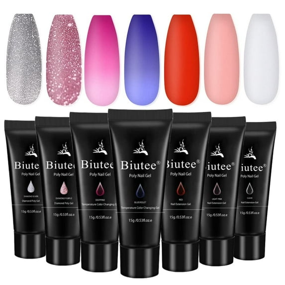 Gel Nail Polish Poly Nail Extension Gel, Temperature Color Changing Glitter Clear Pink Nail Gel Nail Polish ​Biutee 7 Colors