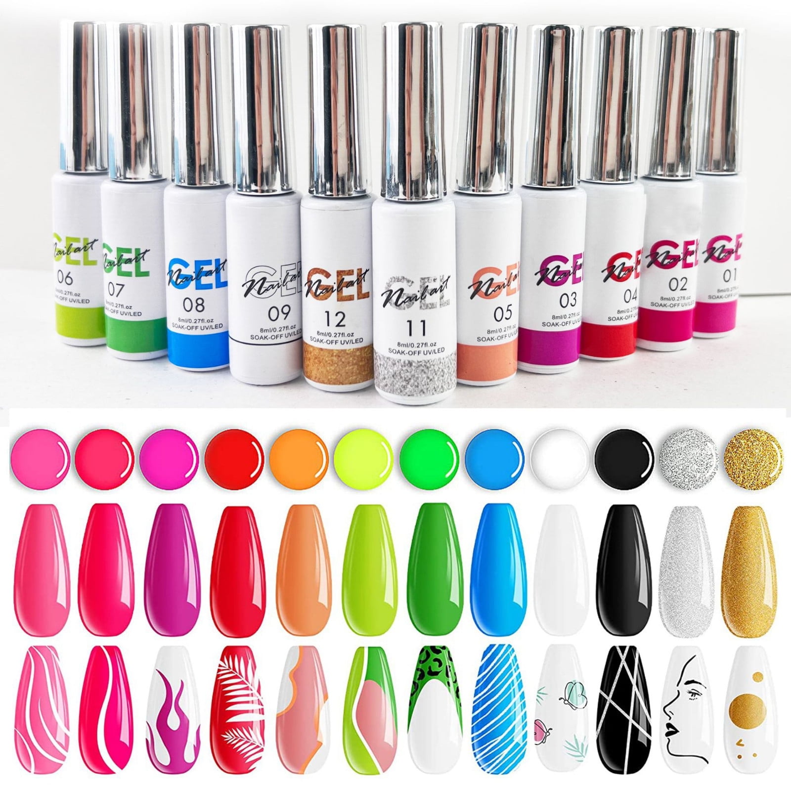 Gel Nail Polish Set, 12 Colors Nail Gel Kit with Base Coat, Matte and Glossy Top Coat, Soak Off LED Gel Polish for Professional Manicure, 8ml Each