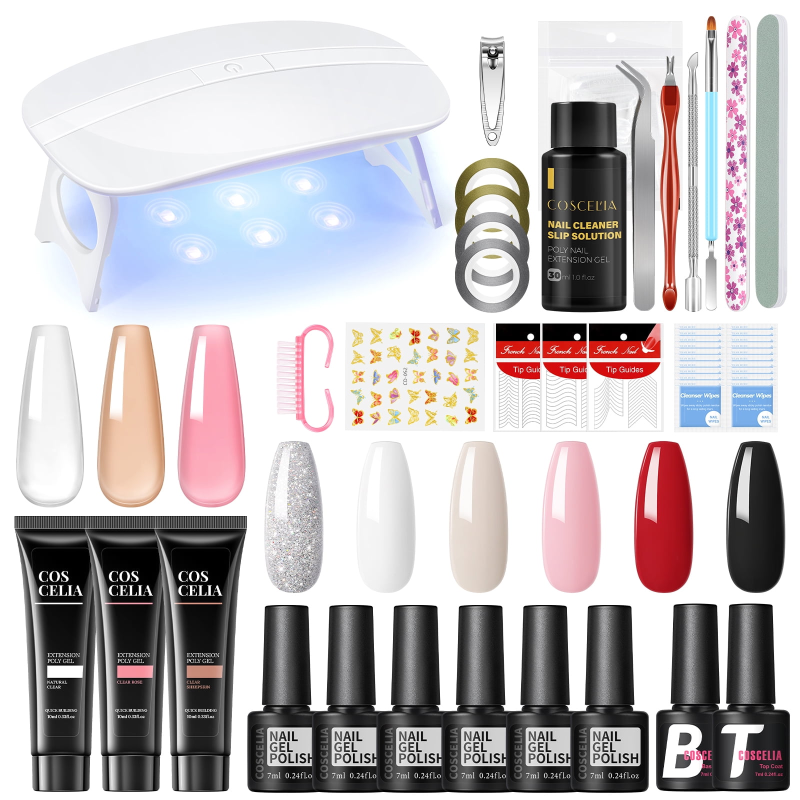 COSCELIA Gel Nail Polish Kit with U V Light 6PC Gel Polish and 3PC Poly Extension Gel Set Base Top Coat Nail Art Stickers DIY at Home Gifts for Women