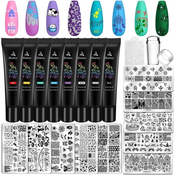 Gel Nail Polish with 10pcs Stainless Steel Templates with Stamper Nail Art Plates Set Nail Stamping Polish Gel Biutee