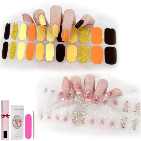 Gel Nail Strips with UV Light, DIY Gel Nail Stickers Wraps Starter Kit, Long Lasting, Easy to Apply Remove (2Set, F)