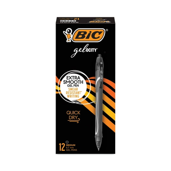 BIC Gel-ocity Quick Dry Gel Pen, Retractable, Medium 0.7 mm, Black Ink, Black Barrel, Dozen, Each