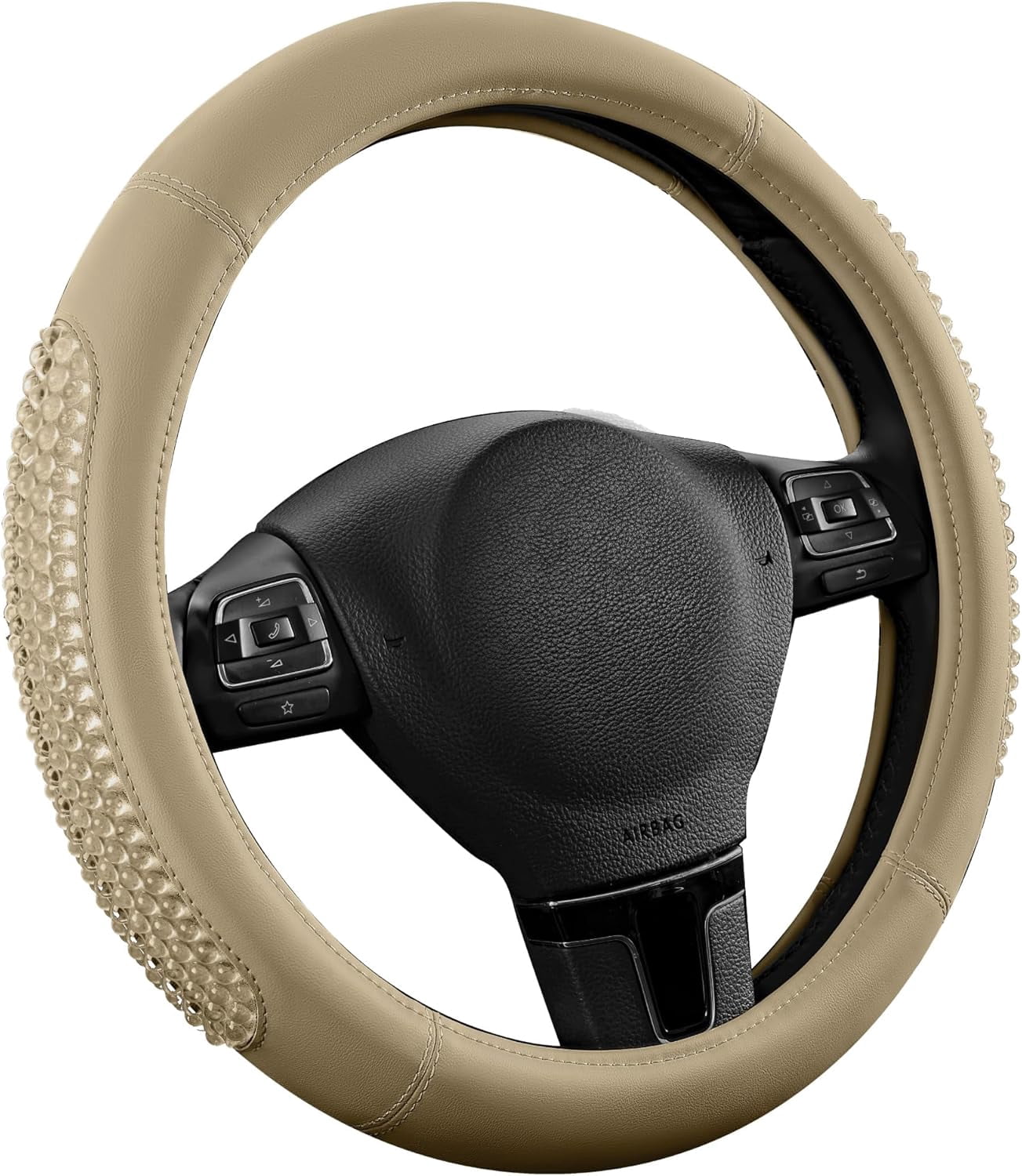 Gel Particles Steering Wheel Cover, Beige Luxury Leather Car Steering Wheel Protector, Universal Fit 14.5"-15.5" Anti-Slip Car Interior Accessories for Girls & Women