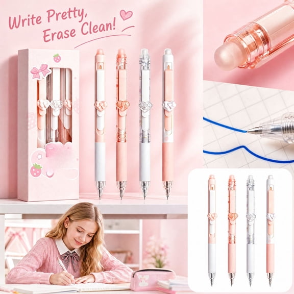 Gel Pen Set, Fine Point Gel Pens 0.5, Cute Pens for Women, Smooth Writing Pens, 4-Pack 6-Inch Sliding Click Pens with Decorative Bow Details, Pink and White Pastel Designs for