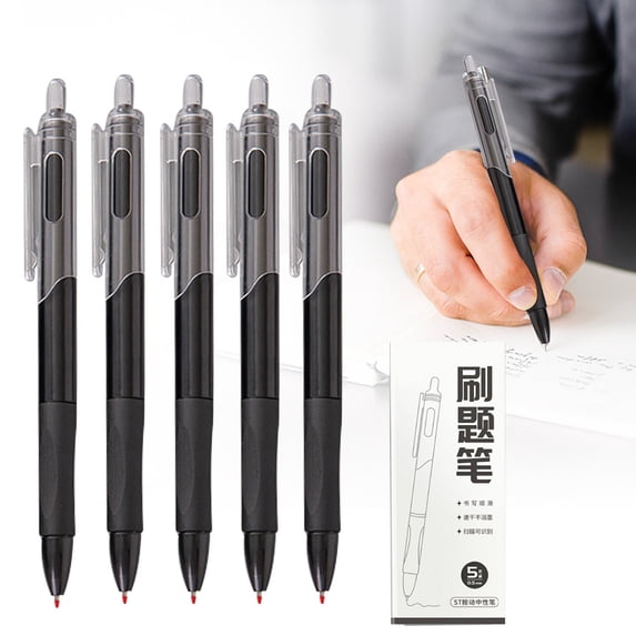 Gel Pens 0.5Mm Black ink, Retractable Smooth Writing Pen with Frosted Grip, Black Barrel for Journaling and Note Taking, 5-Pack (Black)