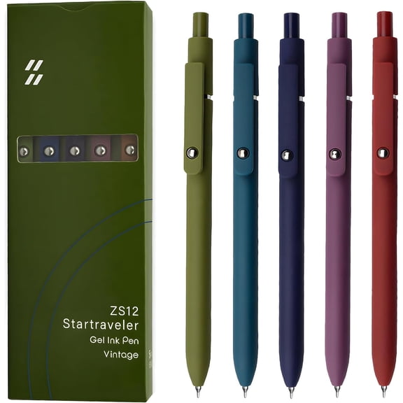 Gel Pens, 5-PCS 0.5mm Black Ink Fine Point Smooth Writing Pens with Silicone Grips, Premium Series Retractable Pens with Metal Clips for Note-Taking