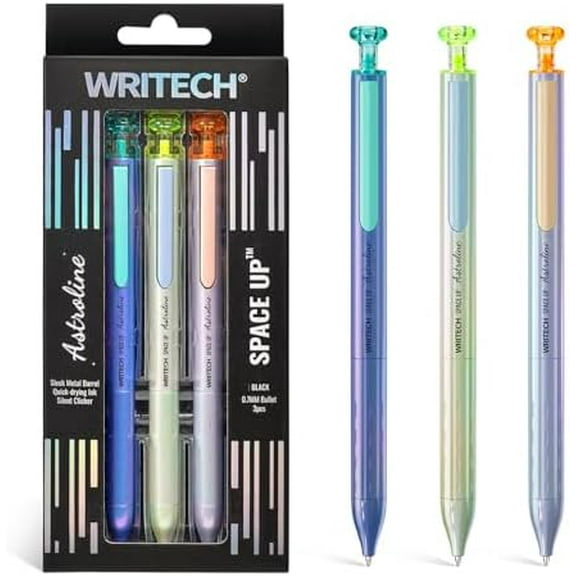 Gel Pens Black Ink: Sleek Metal Barrel Pen Fine Point 0.7mm Retractable 3ct No Smear Quick Dry Smooth Writing Silent Clicker Space Up Astroline$$Office