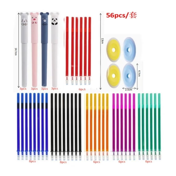 Gel Pens Fine Point, Erasable Ink Pens, 0.5 in Point, Colorful Inks, Daily Logging, Office Supplies, Bear Character Design, 4 Pc Erasers