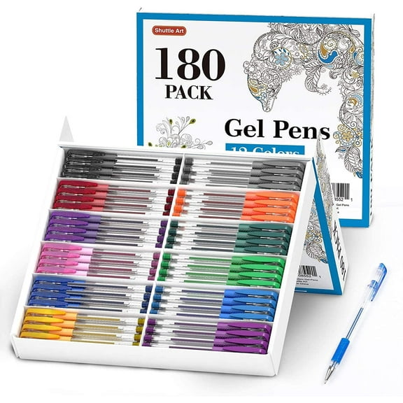 Gel Pens, Shuttle Art 180 Pack Gel Pens Set, 12 Assorted Colors Bulk Classroom Pack for Adults Coloring Books Drawing Doodling Crafts Journaling