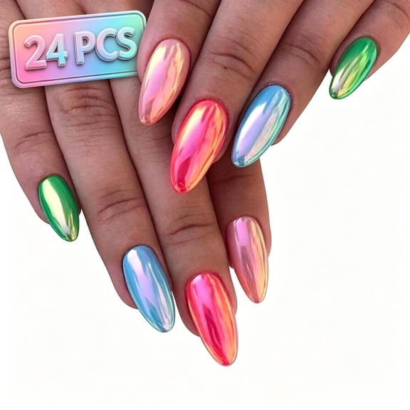 Gel Press On Nails Acrylic Nails Medium Almond Fake Nails False Nails Artificial Nails Wearable Stick On Nail Tips, Rainbow Chrome Metallic Reusable DIY Salon Manicure Nail Art for Women Girls 24PCS