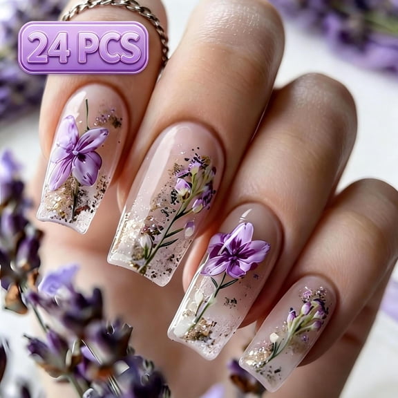 Gel Press On Nails Acrylic Nails Medium Square Fake Nails False Nails Artificial Nails Wearable Stick On Nail Tips, White Pink Floral Glitter Reusable Salon DIY Manicure Nails for Women Girls 24PCS