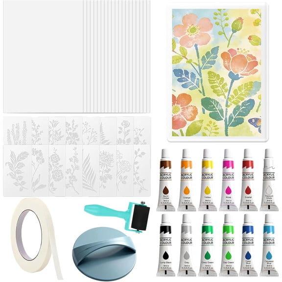 Gel Printing Kit, Gel Plate Plant Templates Acrylic Paints Auxiliary Tools and A5 Paper Experience A Surprising Creative Process for Card Making and Mixed Media Art Monotype Printing
