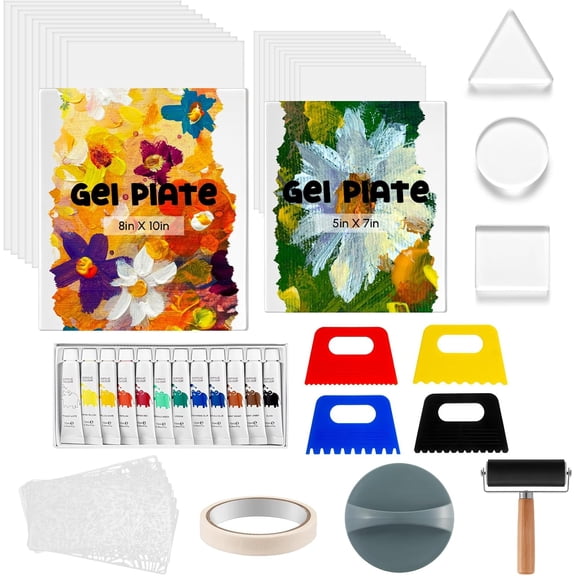 Gel Printing Plate Kit 8x10 & 5x7 Complete Beginner Gelli Plate Starter Set with Brayer, Paint & Tools Gel Print Kit for Card Making, Scrapbook & Mixed Media Art