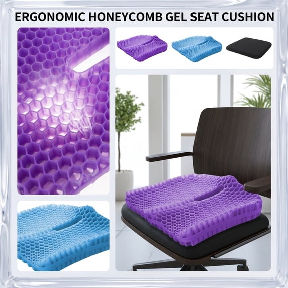 Gel Seat Cushion, Gel Seat Cushion for Long Sitting, Thick Extra Large Cooling Gel Chair Cushion, Soft Pressure Relief Honeycomb Seat Pad with Non-Slip Cover for Wheelchair Desk Car Seat