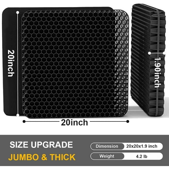 Gel Seat Cushion, Jumbo Thick Gel Cushion with Non-Slip Cover for Home Office Car Seat Wheelchair, Soft Breathable  Chair Pads for Relieve Hip Pain, Black 20x20x1.9inch