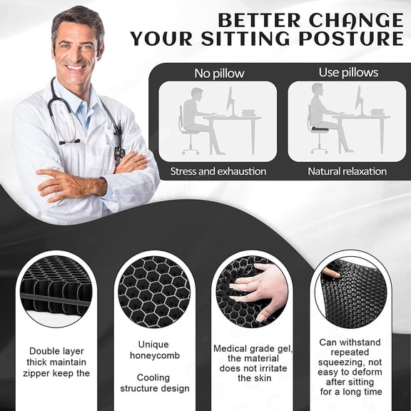 Gel Seat Cushion, for Long Sitting - Double Thick Gel Seat Cushion Breathable Chair Cushion with Non-Slip Cover for Office Chair Car, Wheelchair, Long Trips, Relief Sciatica Pain