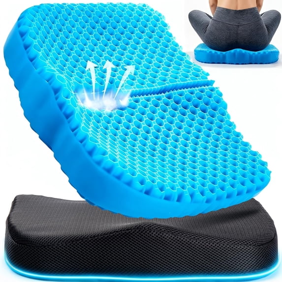 Gel Seat Cushion for Long Sitting, Office Chair, Car, Wheelchair (Thick & Extra Large), Cooling 3D Ergonomic Pad for Hip Pain Relief with Breathable Non-Slip Cover