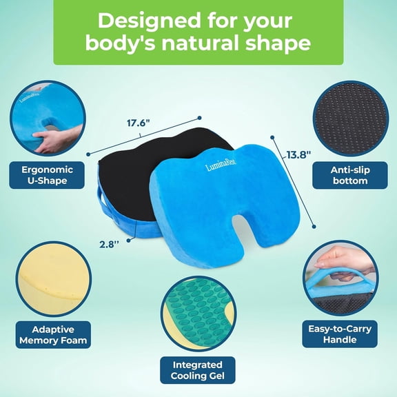 ® Gel Seat Cushion for Long Sitting – Premium CertiPUR-US® Certified Memory Foam, Ergonomic Office Chair Cushion for Tailbone and Coccyx Pain Relief, Sciatica & Back Support – (Blue)