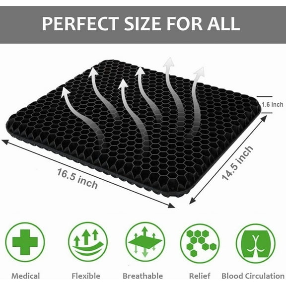 Gel Seat Cushion for Long Sitting Pressure Relief - Wheelchair Cushions for Pressure Sores - Coccyx, Sciatica & Tailbone Pain Relief Cushion - Non-Slip Butt Pillow for Office, Home, Car (Black)