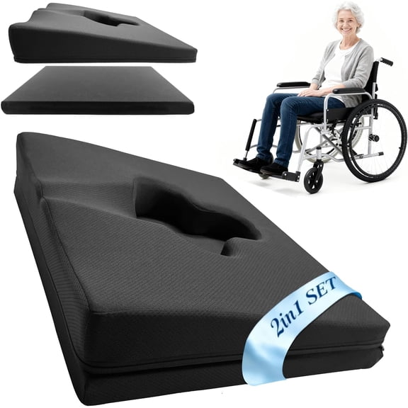 Gel Wheelchair Seat Cushion,Bed Sore Cushions for Butt,Office Chair Pressure Sore cushion,Memory Foam Pillow for bed,Pressure Ulcer Pain Relief,Relieve Sciatica,Coccyx,Washable Cover/Set Black